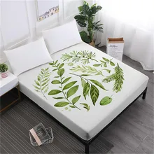 Green Leaves Print Bed Sheet Plant Print Fitted Sheet Deep Pocket Mattress Cover Elastic Band Soft Bedclothes D25