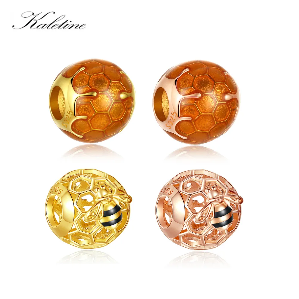 

KALETINE 925 Sterling Silver Bead Honeycomb Bee Fit Pandora Bracelet Charm Silver Original Beads for Jewelry Making Big Hole 4mm