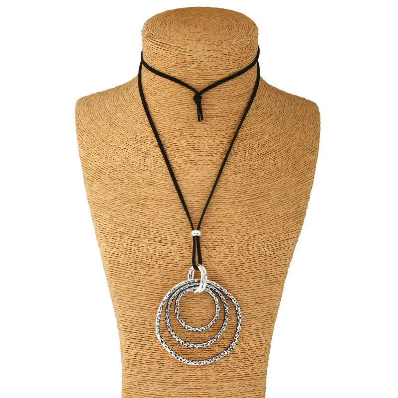

1pcs Fashion Jewelry Antique Silver Lagenlook Large Abstract Alloy Double Round Pendant Long Suede Leather Necklace