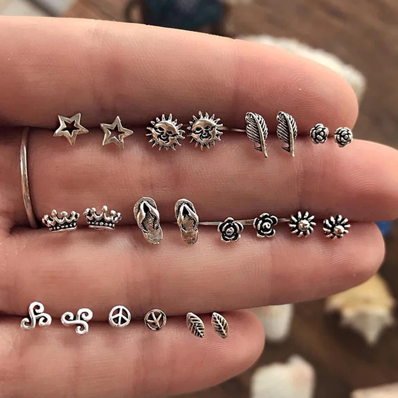 ① 22 Шт. / Компл. Женщины Boho Sun Crown Листья Цветы Звезды Серебряные Серьги Набор Мир Ом Йога Серьг ✔