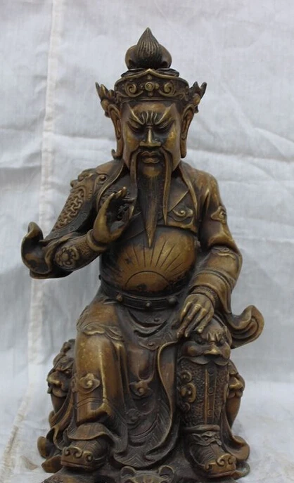 

9" Folk Chinese Pure Bronze Lion Head Warrior Sitting GuanGong GuanYu God Statue