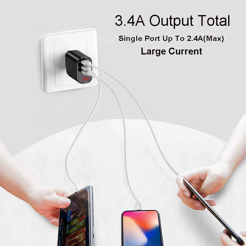 Baseus 3.4A LED عرض USB الهاتف شاحن آيفون سامسونج المحمول جدار شاحن 3 منافذ USB شاحن هواتف xiaomi OnePlus هواوي