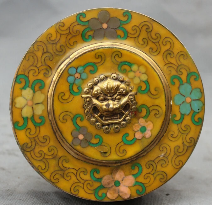 

JP S62 6" Chinese Folk Cloisonne Bronze Fu Foo Guardion Lion Head casket jewel boxes