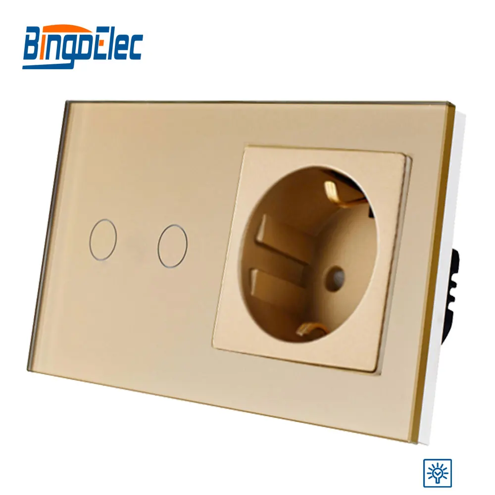 Bingoelec 2 банда 1 способ диммер сенсорный выключатель Роскошная стеклянная панель с немецким розеткой переключатель экрана ЕС стандартный светильник настенный переключатель - Цвет: Gold