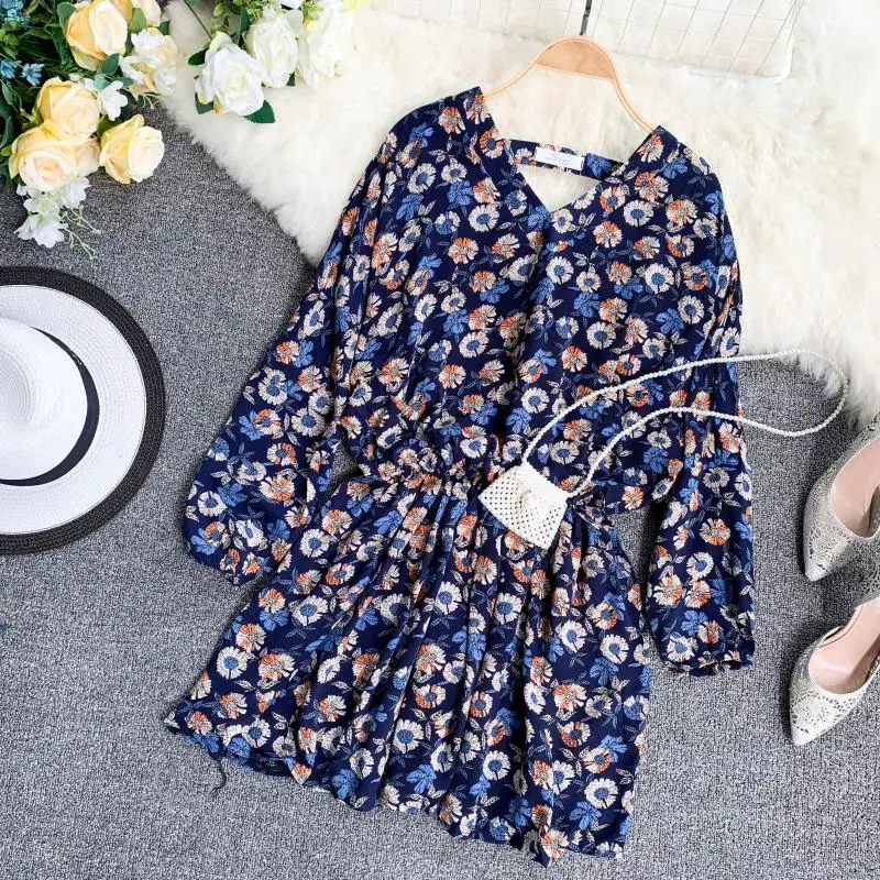 

2019 Chiffon Flower Print V-collar Long Sleeve Elastic Waist Thin Korean Shirt Lady Casual Blouse Tops G304