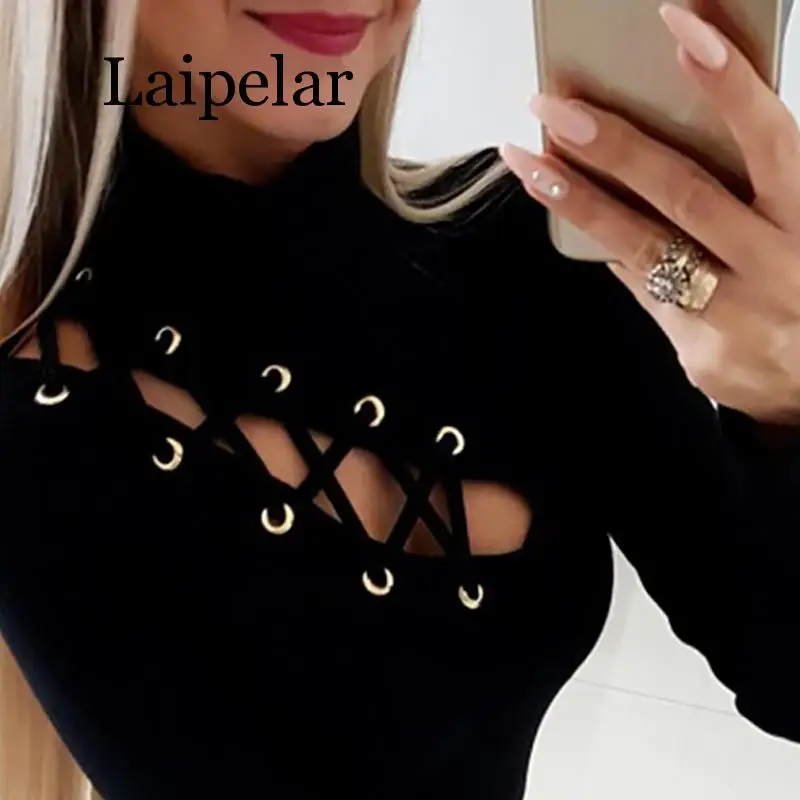 Laipelar 2019 Spring Women Elegant Fashion Sexy Solid Black Basic Top Office Style Lace-Up Eyelet Hollow Out Long Sleeve Casual Laipelar 2019 Spring Women Elegant Fashion Sexy Solid Black Basic Top Office Style Lace-Up Eyelet Hollow Out Long Sleeve Casual