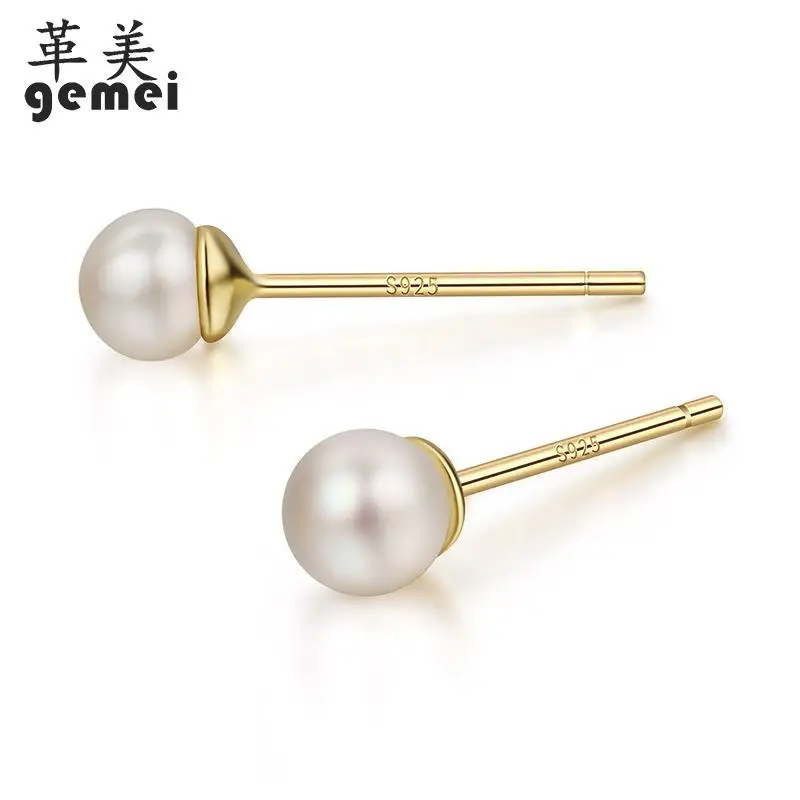 

Gemei 100% 925 Sterling Silver Simple Round Shell Beads Stud Earrings For Women Simulated-pearl Fashion Party Jewelry