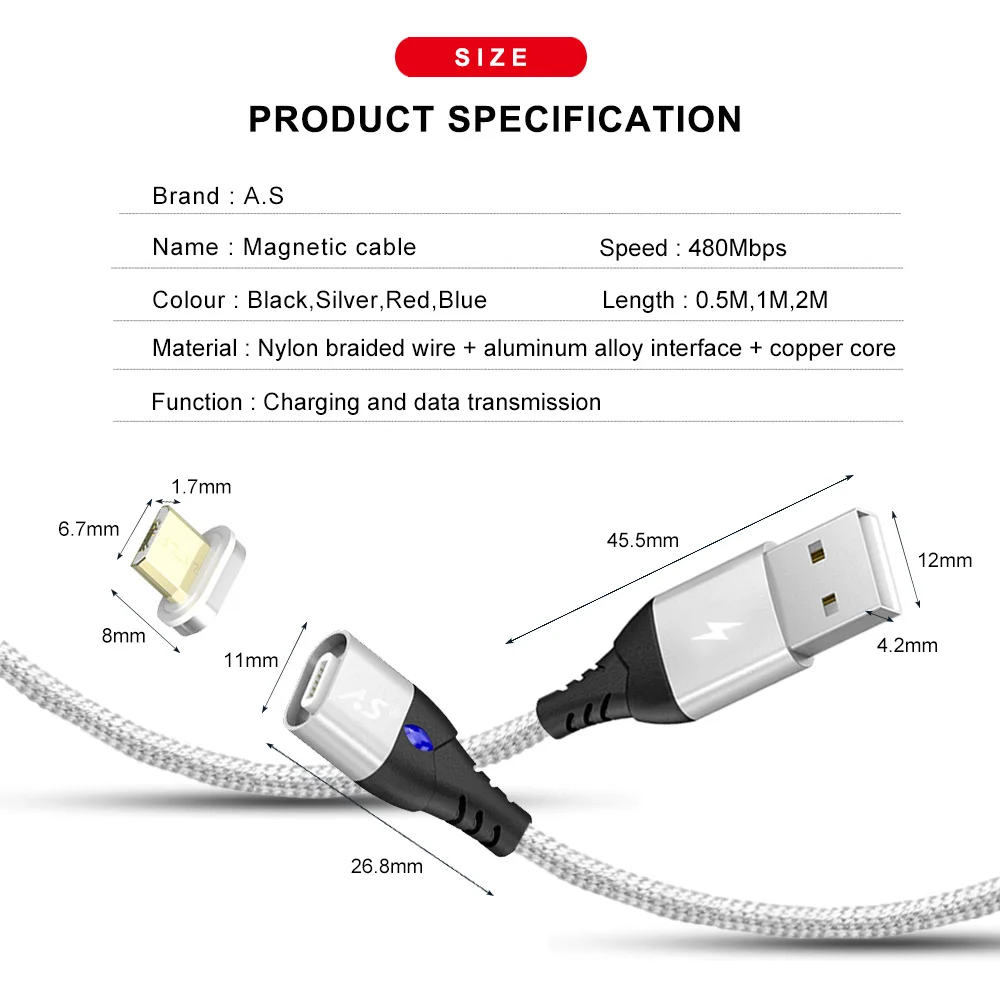 Магнитное зарядное устройство A.S 3A Micro USB кабель для Xiaomi huawei Android мобильный телефон Быстрая зарядка магнит Microusb кабель для передачи данных провод