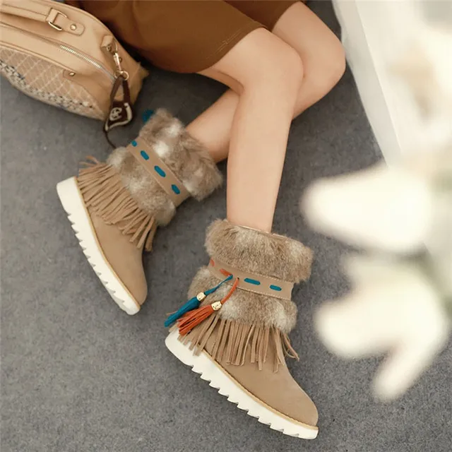 Designer Women Winter Ankle Boots Female Fringe Plush Snow Boots Wedges
