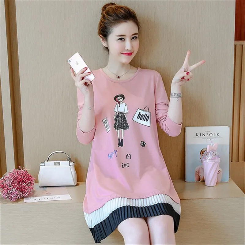 

2018 autumn new maternity dress Korean fashion fake two long and long sleeve printed dress casual pregnant women Dress