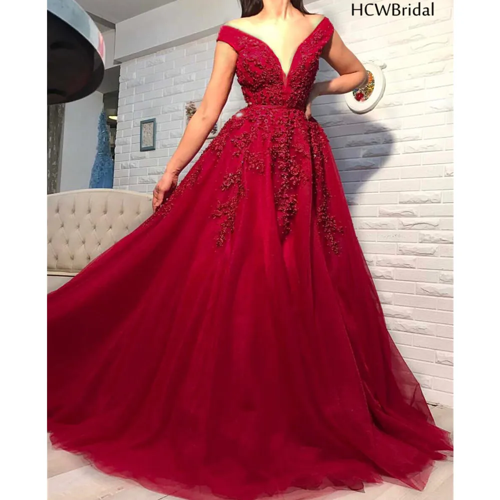 

Gorgeous Dark Red Beaded Appliques Evening Dress V Neck Off The Shoulder A Line New Long Formal Dresses Custom Made Party Gowns