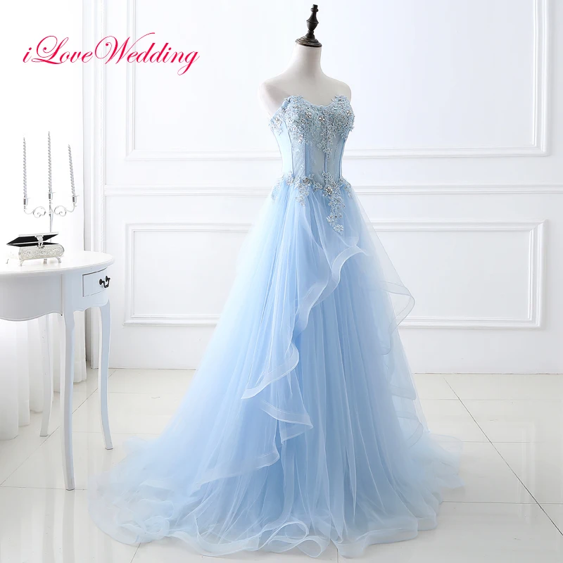 

2017 Fashion Light Blue A-line Long Evening Dresses Sweetheart Tulle with Applique Beading Women Formal Party Gowns 23401