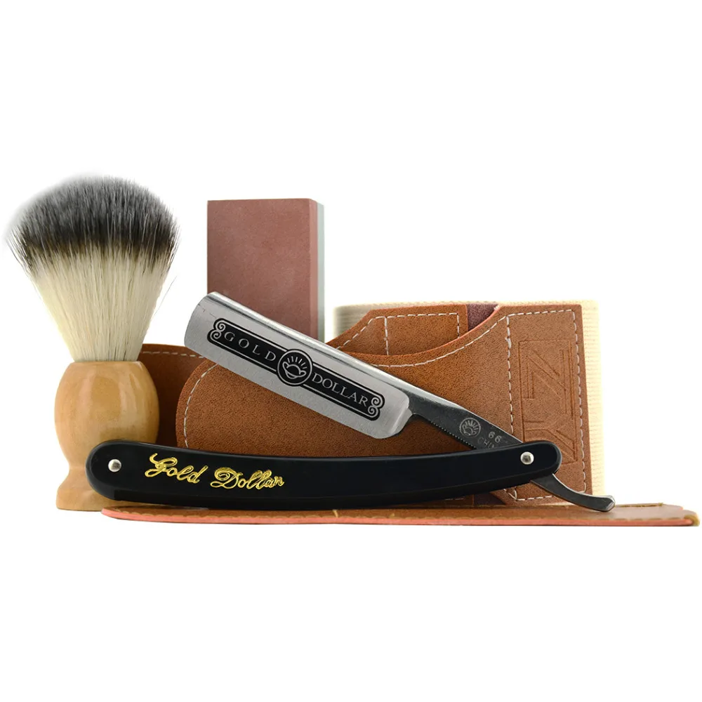 

Gold Dollar Straight Shaving Razor Set Leather Sharpening Strop Whetstone Stone Nylon Shaving Brush For Barber Men