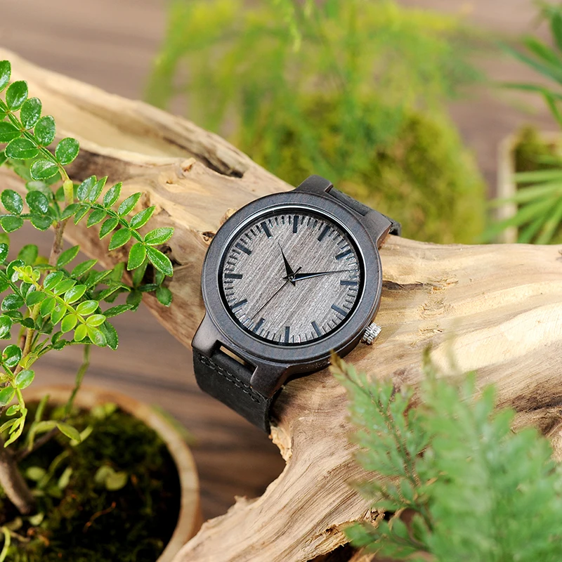 BOBO BIRD Ebony Watch Men Wooden Quartz Watch Leather Straps Wristwatches Men's Great Gift relogio masculino Drop Shipping