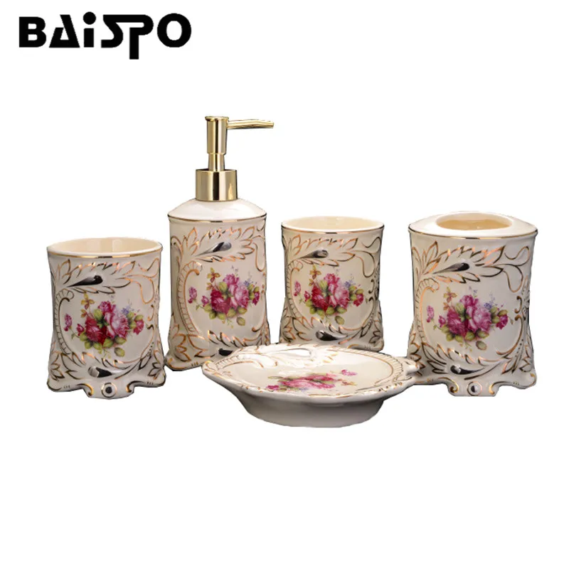 

BAISPO Painted Rose Bathroom 4 Sets Bathroom Laundry Liquid Bottle Washing Cup Soap Box Toothbrush Holder Bathroom Accessories