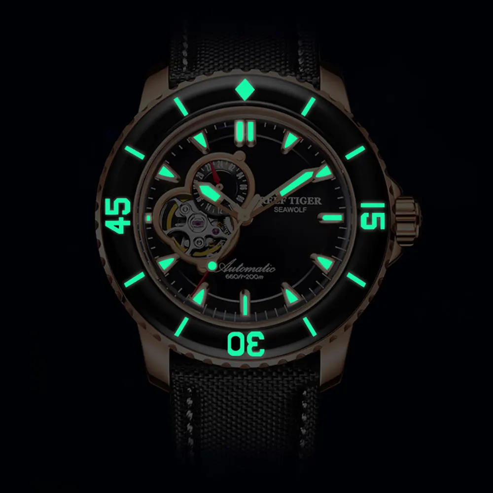 Риф Тигр/RT мужские часы для дайвинга с датой супер розовое золото светящиеся автоматические часы нейлоновый ремешок RGA3035