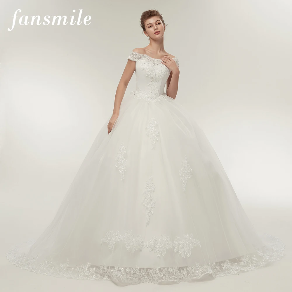 Buy Fansmile Vestidos de Noivas Vintage White Long Train Wedding Dresses 2019 Plus Size Customized Lace Ball Bridal Gowns FSM 121T