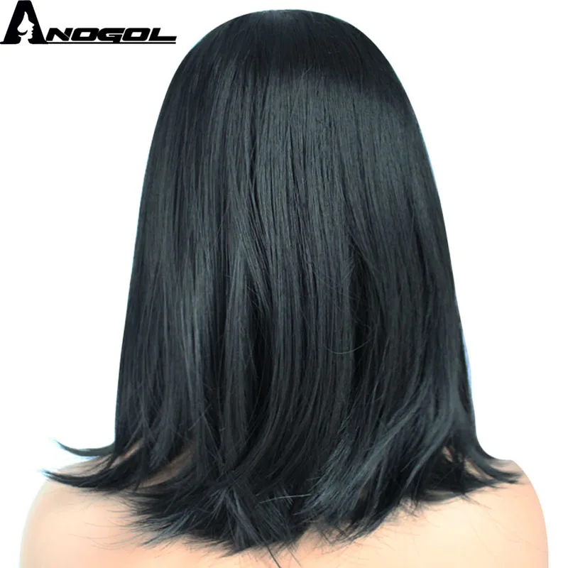 Anogol Высокая температура волокна бразильские волосы натуральный короткий боб прямой черный 1B синтетический парик фронта шнурка со средней частью