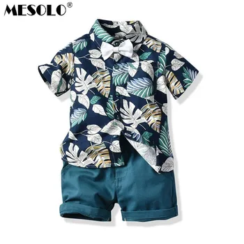 

MESOLO Summer new boy European and American gentleman bow tie blue shirt short-sleeved T-shirt shorts suit
