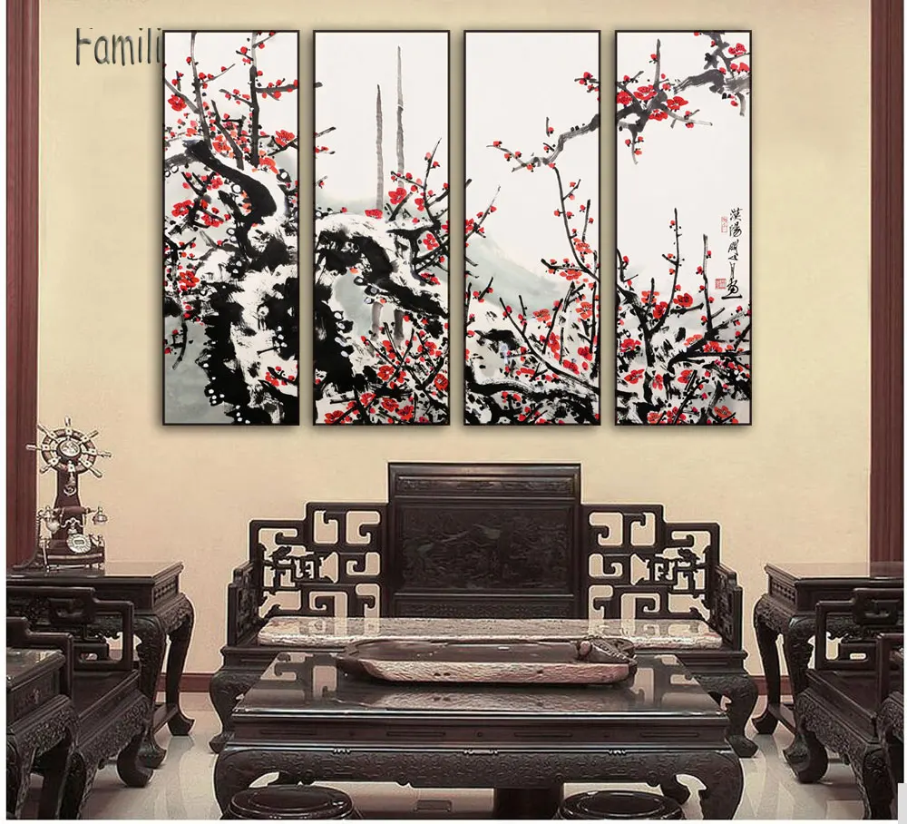 4 шт. современный настенный Декор для дома напечатанная картина маслом китайский цветок сливы Орхидея бамбуковая Хризантема для спальни