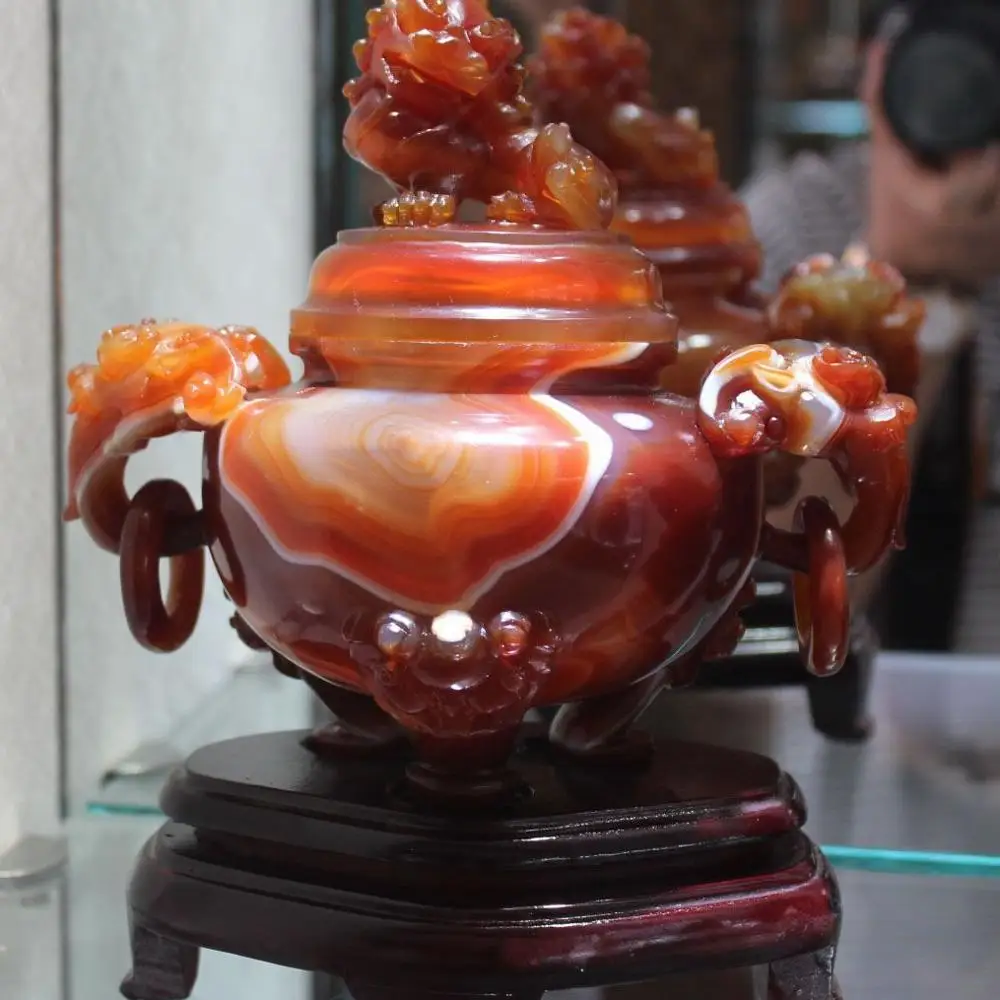 

Rare Natural 100% Red Agate Onyx Lion Foo Dog Beast Handle Incense Burner Censer
