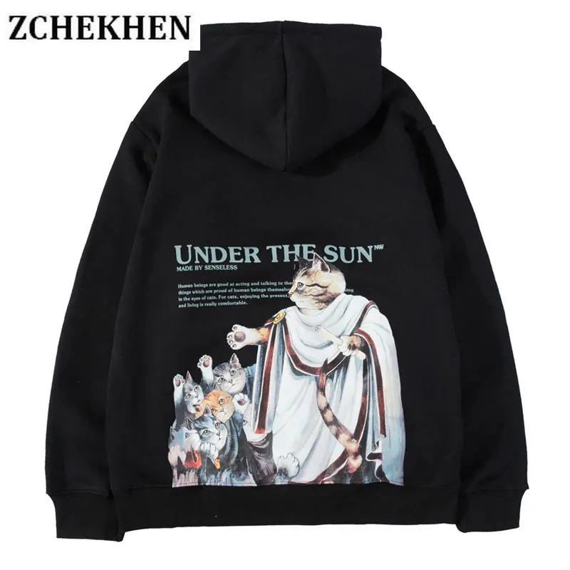 

2019 Hip Hop Casual Pullover Hooded Funny Julius Caesar Painting Cat Print Fleece Hoodies Sweatshirts Streetwear Tops