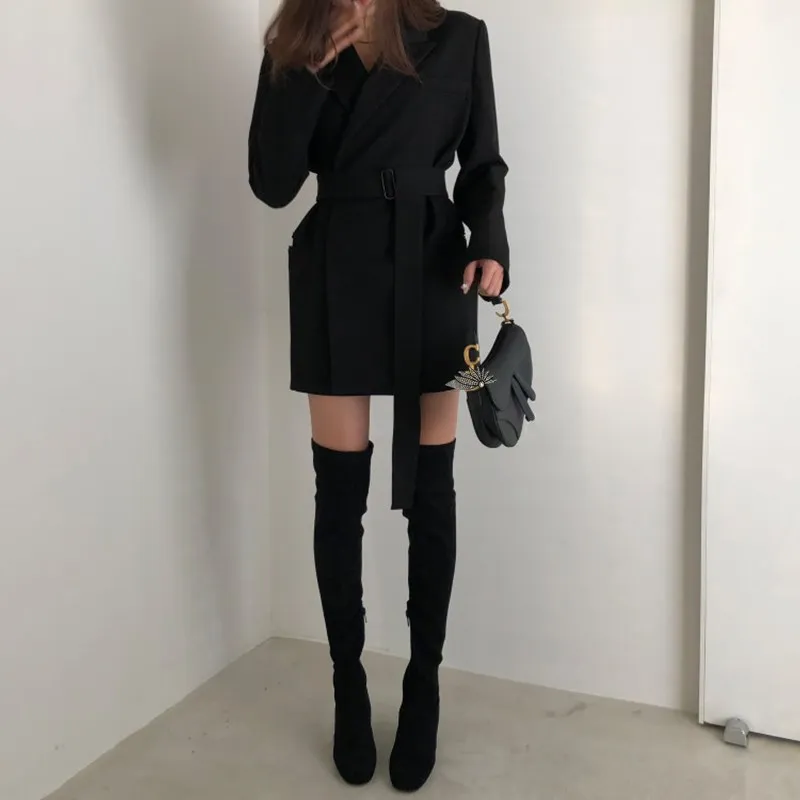 Весенние женские пояса офисный Блейзер Куртка Отсутствует кнопка работы Офисные женские туфли Повседневное тонкий пиджак в деловом стиле корейский зубчатый длинное пальто
