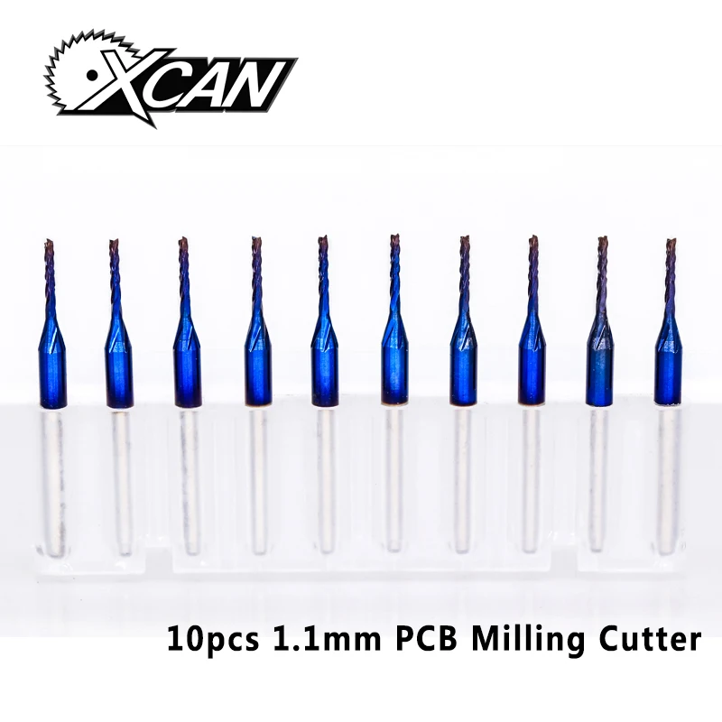 

XCAN 10pcs 1.1mm Carbide PCB Milling Bit Nano Blue Coating CNC End Mill 3.175mm Shank PCB Milling Cutter
