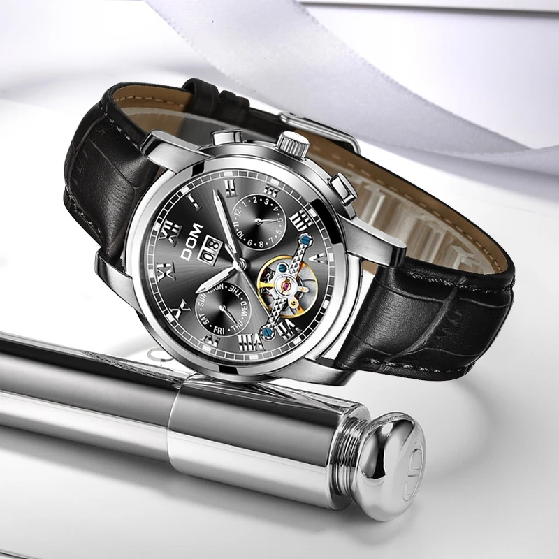 Часы DOM Skeleton Tourbillon Мужские Автоматические классические черные кожаные