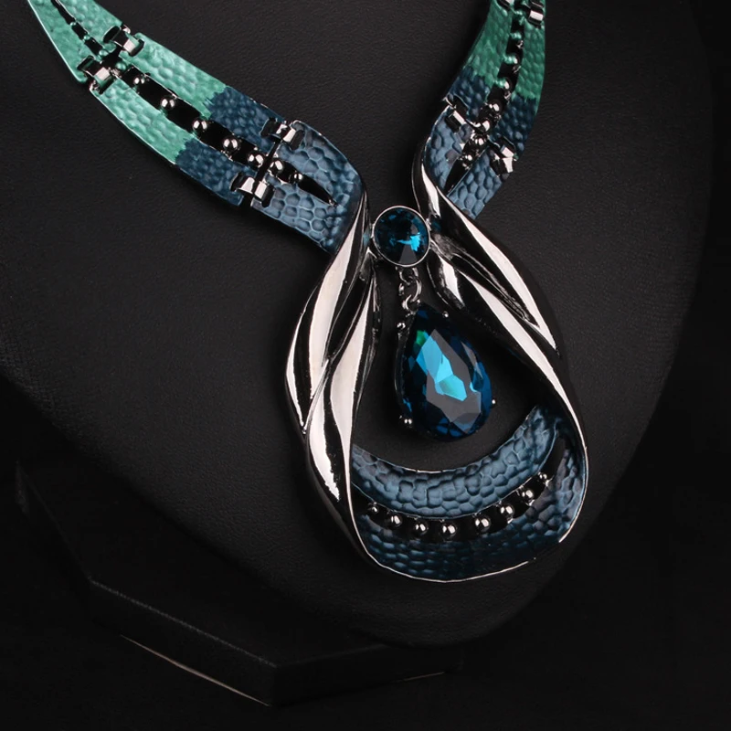 Austrian Crystal Jewelry Sets Fashion Blue Choker Collar Necklace dangle earring Jewellery Silver Plated Bridal Wedding Jewelry