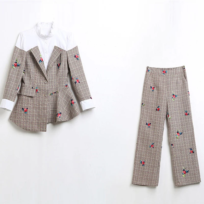 Spring Vintage Women's Pant Suits Irregular Print Spliced Blazer & Pencil Trouser Female Two Piece Sets Long Sleeve Office Suit