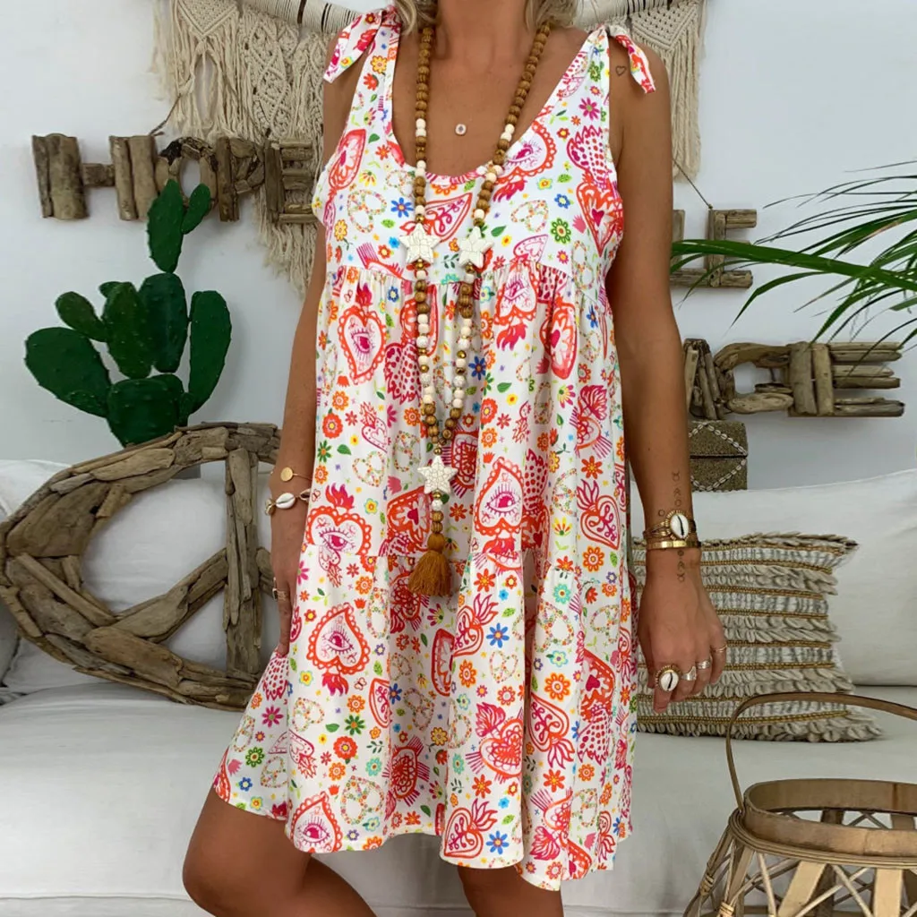 

Fashsiualy women's dress Summer vestido O-Neck Sleeveless Sundress Ladies Loose Floral Print Beach Dress Vintage Boho Dress