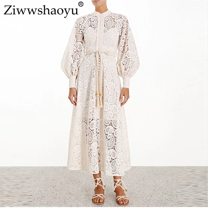 

Ziwwshaoyu Vacation Flora dresses Stand Hollow Out Sashes Puff Sleeve temperament Slim dress Spring and summer new women's