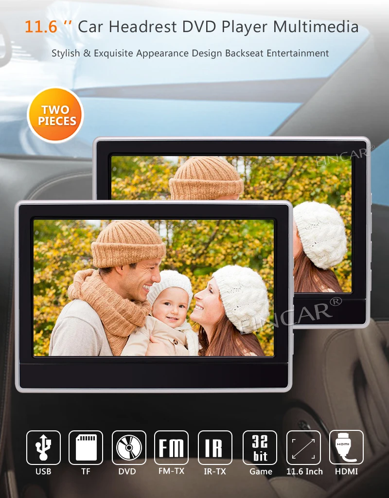 Best 11.6 Inch HDMI Dual Monitors Rear-Seat Headrest HD Digital LCD Screen Car Headrest Monitor audio Player FM Headrest DVD Player 3