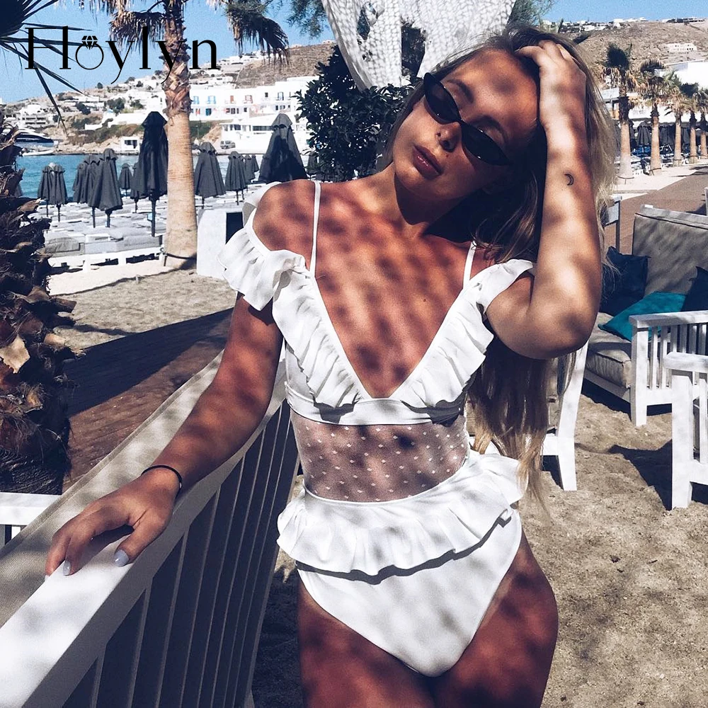 

Floylyn Polka Dots Mesh One Piece Swimsuit Padded Swimwear Women Sexy Ruffle Bathing Suit 2018 New Beach Monokini Off Shoulder