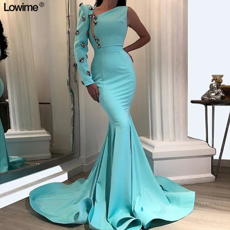 

Mint Green Long Sexy Celebrity Dresses 2019 With One Sleeve Dubai Style Evening Gowns Free Shipping Prom Gowns vestido de festa
