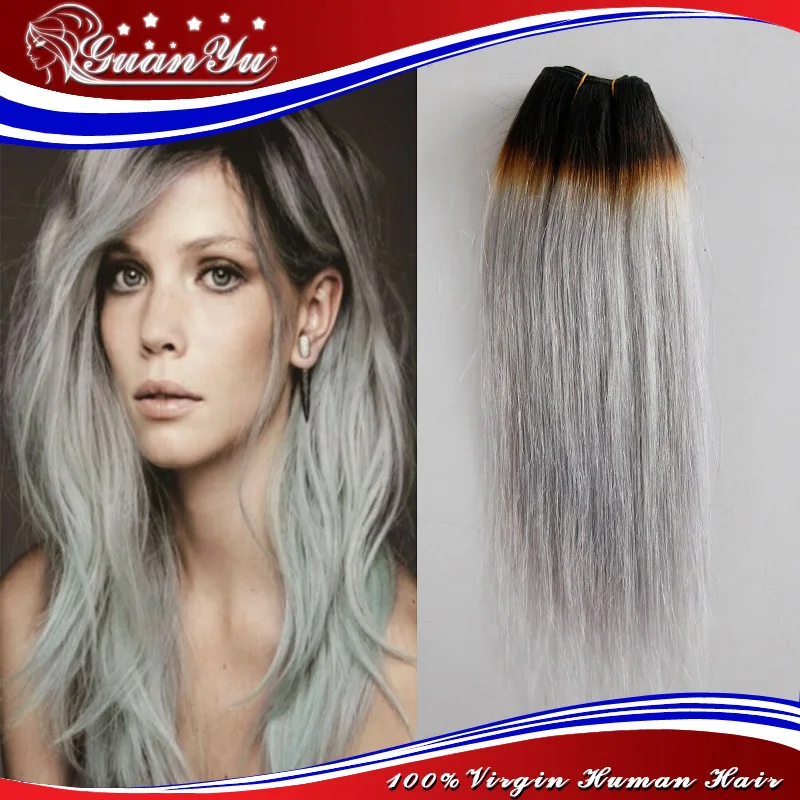 7A Ombre Grey Hair Extensions Dark Root Silver Grey Peruvian Hair