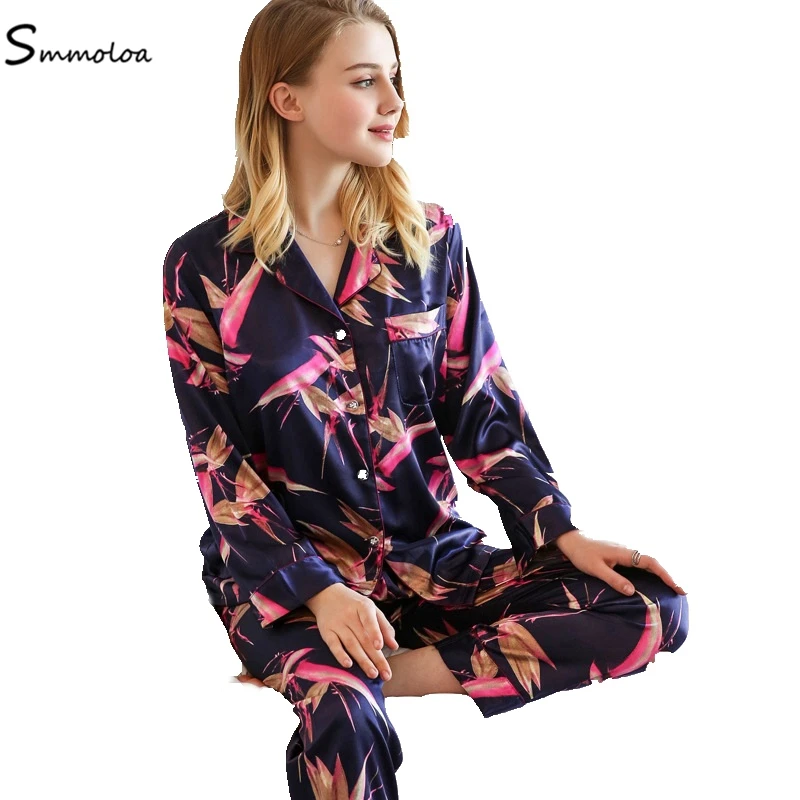 Smmoloa Wholesale Women Printed Long Sleeve Silk Pajamas 2 piece
