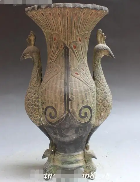 

12" Old Chinese Bronze Ware Phoenix Bird Zun Flower Vase Bottle Vases Statue