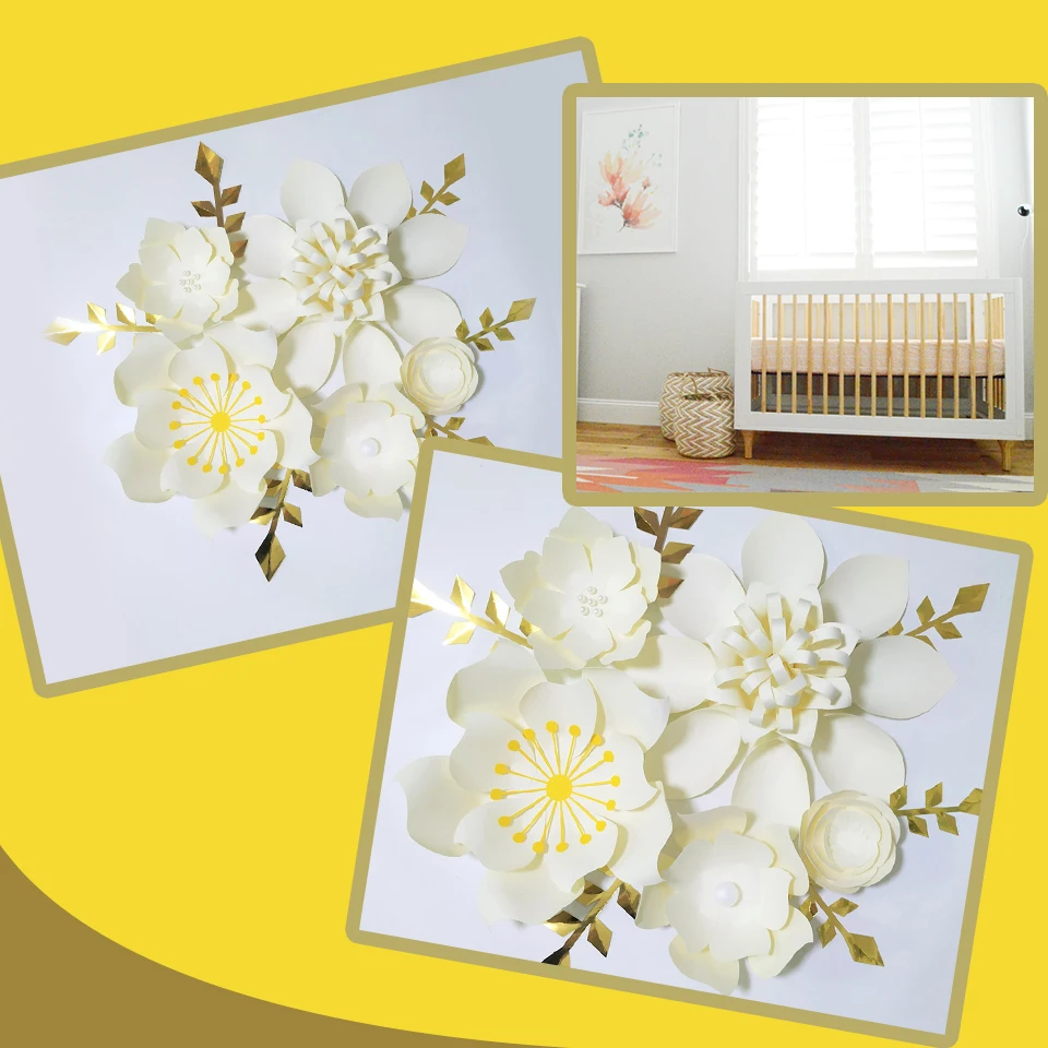

Handmade Ivory Easy Made DIY Paper Flowers Gold Leaves Set For Nursery Wall Deco Baby Shower Kids' Room Backdrop Video Tutorials