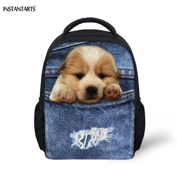 

INSTANTARTS Lovely Backpacks for Kindergarten Students Cute Fake Denim Labrador Retriever Printing Kids School Bag Baby Knapsack