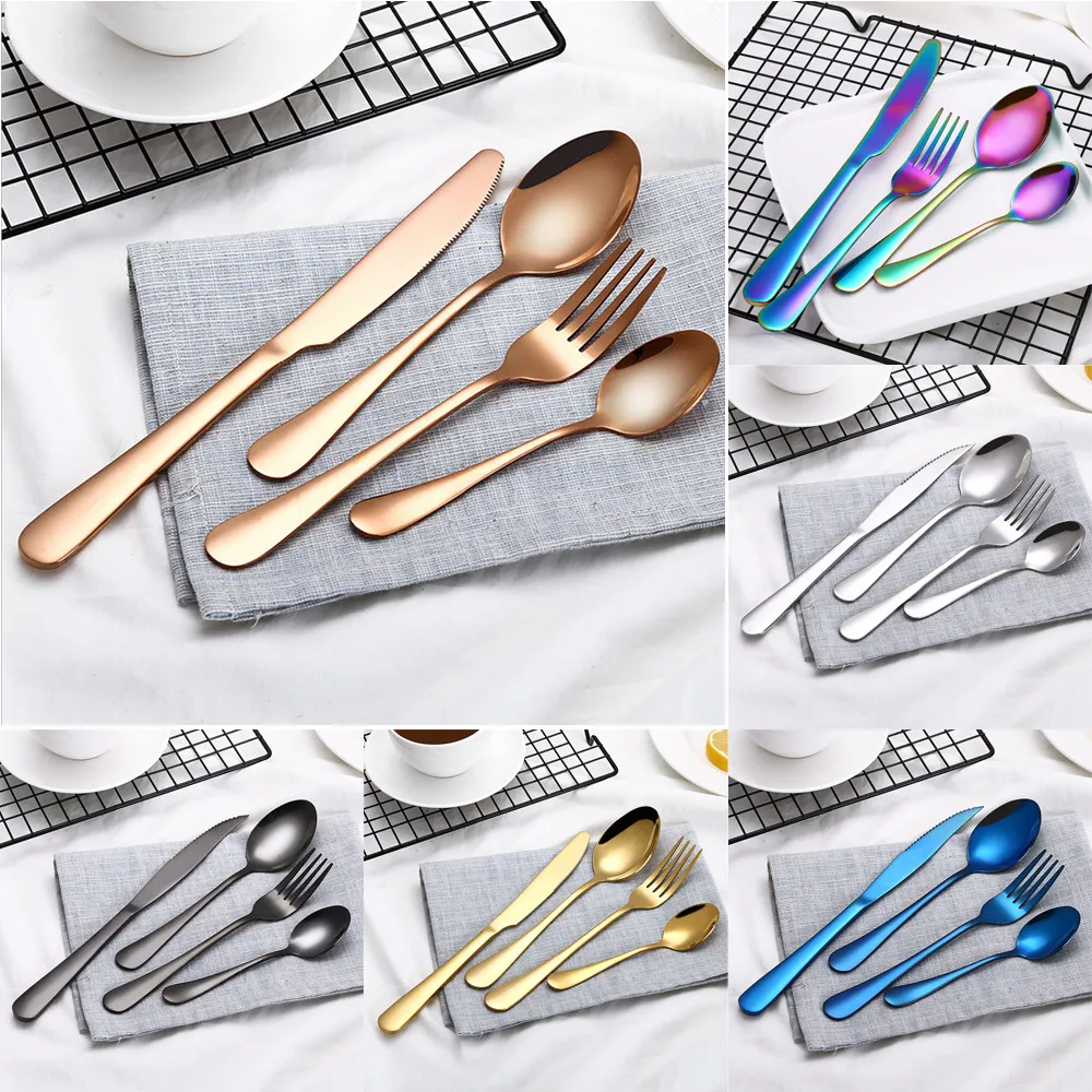 4Pcs Rainbow Spoons Stainless Steel Fork Knife Spoon Set For Soup