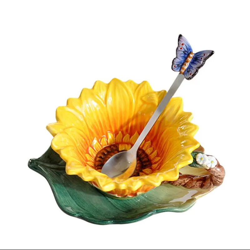 

New arrival Sunflower cup ceramic cup creative teacup set coffee cups herb tea set lovely cup saucer and spoon combination