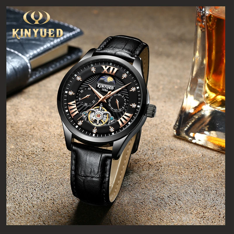 

KINYUED Top Brand Luxury Diamond Chronograph Men Automatic Watch Mechanical Skeleton Wristwatches Leather Moon Phase Arm