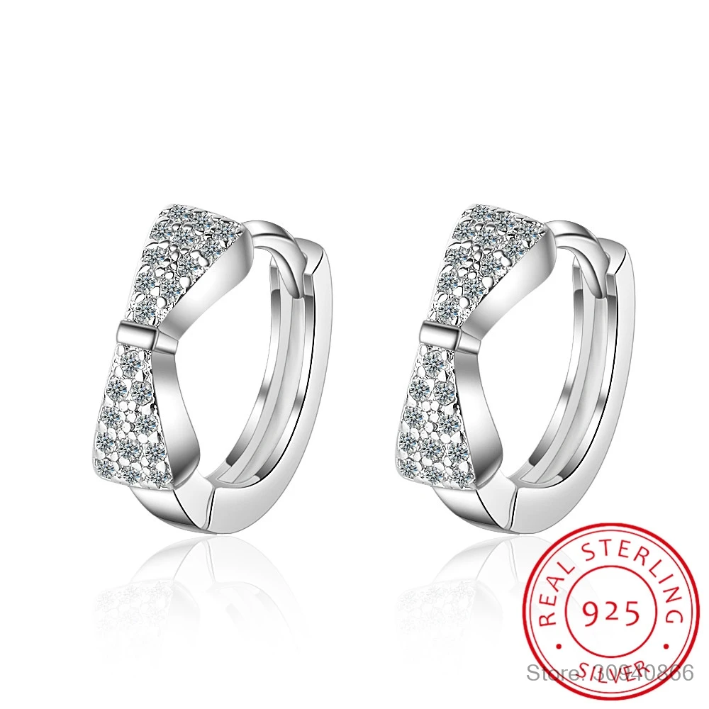

Cute 925 Sterling Silver Bow Knot CZ Circles Small Loops Huggie Hoop Earrings For Women Jewelry Kids Girls Aros Artes Ohrringe