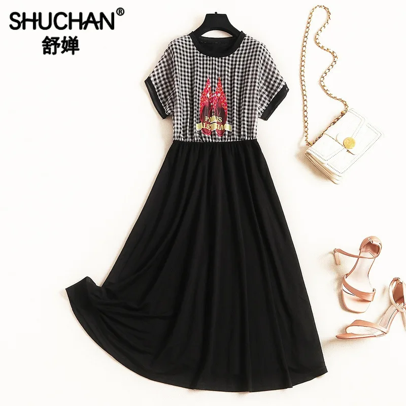 

Shuchan High Street New 2019 Fashion Summer Dresses Women Short Sleeve Appliques Print Mid-Calf Women Designer Dresses 11706