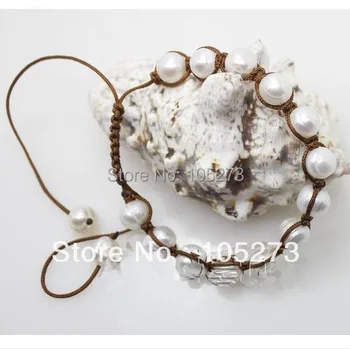 

Charming Pearl Jewelry AA 8-10MM Natural White Lines Pearl Beads Brown String Bracelet 7-9'' Adjustable Length Wholesale Price