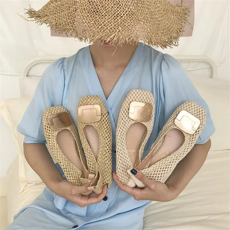 

woman shoes cane 2019 New Summer Women Flat Shoes Breathable Cane Slip On Loafers Shoes Flats Round Toe Sandals Female Ballet