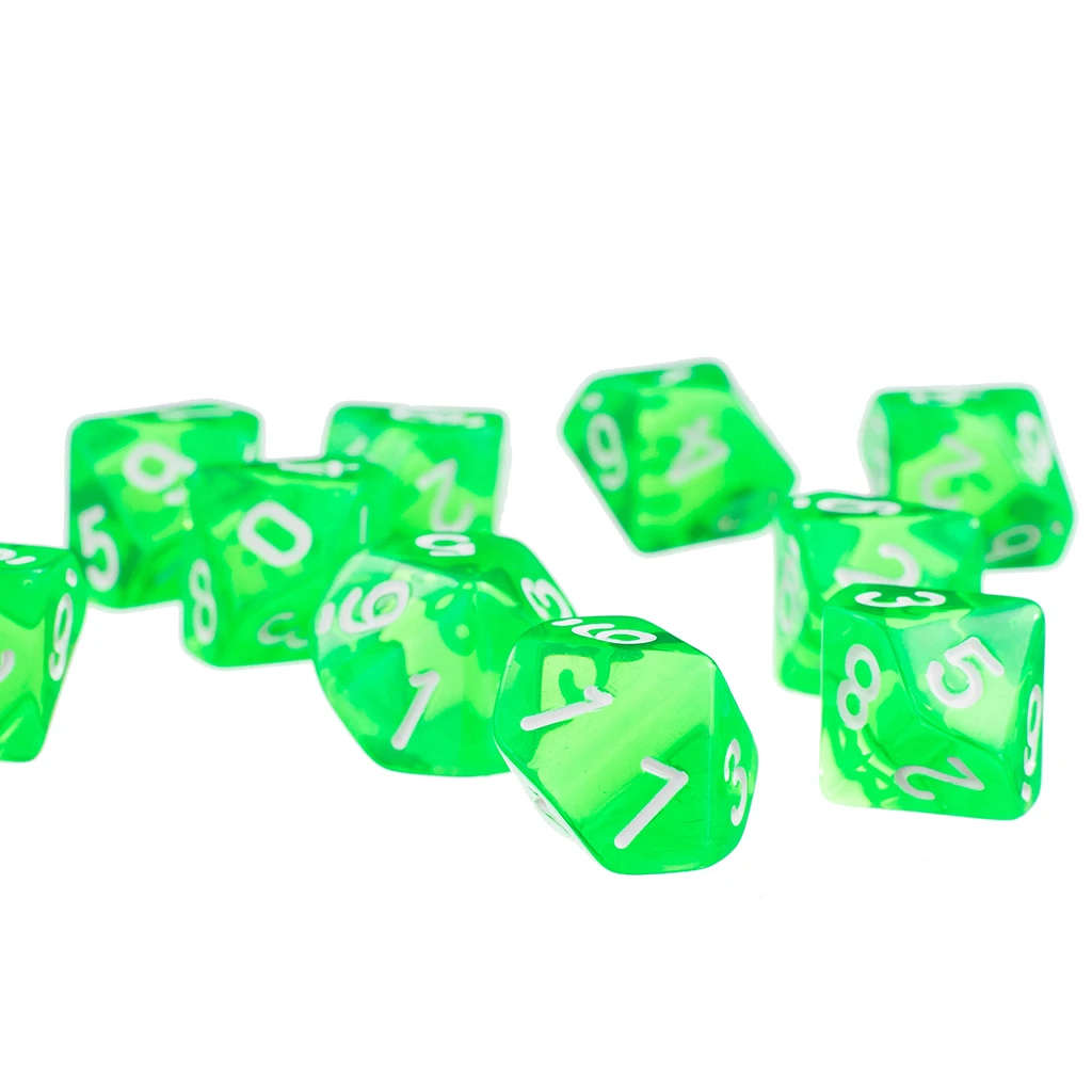 3 cm Set of 10 Dice Plastic D10 Green Ten Sided Gem Dice for RPG Dungeons & Dragons Games 