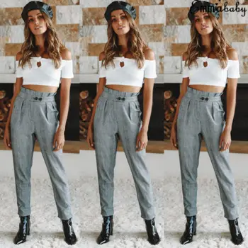 

Womens Solid Long Pants High Waist Button Fly Pencil Trousers Ladies Skinny Slim Leggings Long Pants